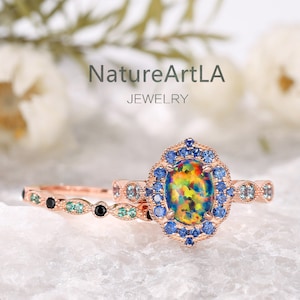 Vintage Feueropal Verlobungsring Set Oval Schwarz Opal Ehering Set Rosegold Sapphire Cluster Ring Jahrestag Versprechen Ringe für Frauen