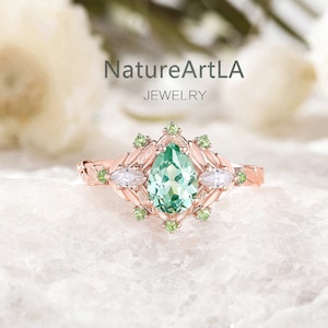 Nature Inspired Pear Cut Green Moissanite Engagement Ring Unique Three Stone Moissanite Ring Dainty Tsavorite Leaf Promise Ring Gift for Her
