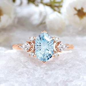 Unique Hexagon Aquamarine Engagement Ring 14k Gold Moon Wedding Ring With Moissanite Aquamarine Promise Ring Bridal Gift Anniversary Ring