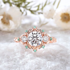 Delicate Brilliant Cut Moissanite Leaf Engagement Ring Natural Tsavorite Rose Gold Flower Wedding Ring Nature Inspired Bridal Promise Ring