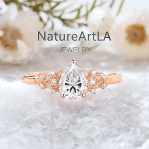 Nature Inspired Pear Moissanite Engagement Ring Rose Gold Art Deco Flower Wedding Ring Custom Bridal Promise Gift Anniversary Ring for Women