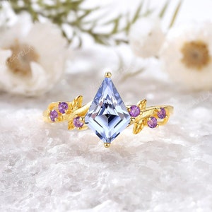 Kite Shaped Cornflower Sapphire Fairytale Engagement Ring Art Deco Amethyst Cluster Leaf Wedding Ring Sapphire Anniversary Ring for Women