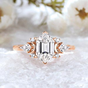 Vintage Hexagon Moissanite Moon Engagement Ring Unique Star Moissanite Wedding Rings for Women Rose Gold Bridal Promise Ring Gift for Wife