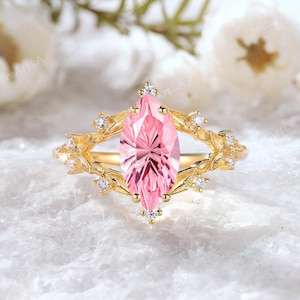 Nature Inspired Fireworks Cut Pink Sapphire Engagement Ring 14k Gold Moissanite Split Leaf Wedding Ring Handmade Anniversary Ring for Women