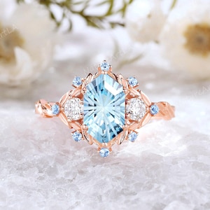 Natural Hexagon Starlight Aquamarine Leaf Engagement Ring 14k Rose Gold Aquamarine Flower Halo Wedding Ring March Birthstone Brithday Ring