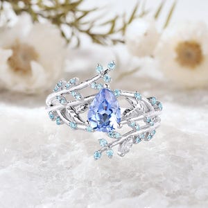 ヴィンテージペアカットコーンフラワーサファイアエンゲージリング、925シルバーブランチリーフモアッサナイト結婚指輪、女性用カスタムサファイアプロミスリング