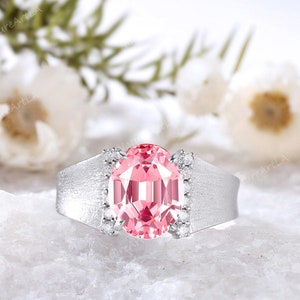 Unique Oval Pink Sapphire Engagement Ring Sterling Silver Moissanite Engagement Ring Dainty Diamond Wedding Ring Promise Anniversary Gift