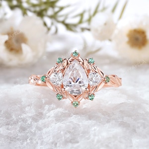 Art Deco Pear Moissanite Engagement Ring 14k Rose Gold Natural Tsavorite Cluster Leaf Wedding Band Nature Inspired Bridal Anniversary Ring