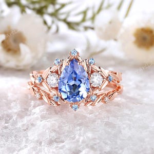 2pcs Nature Inspired Cornflower Sapphire Engagement Ring Set Rose Gold Leaf Sapphire Wedding Ring Handmade Promise Ring Set Anniversary Gift