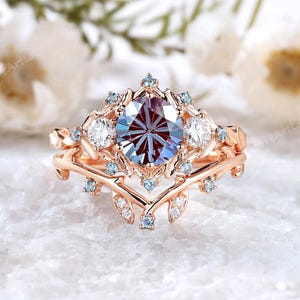 Unique Firework Cut Alexandrite Engagement Ring Set 14k Gold Moissanite Leaf Wedding Band Vintage Round Alexandrite Promise Ring Bridal Set