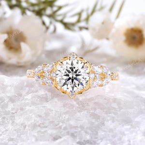 Dainty Brilliant Cut Moissanite Floral Engagement Ring Rose Gold Diamond Cluster Promise Ring Custom Round Diamond Wedding Ring For Women