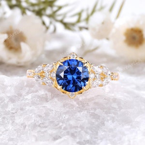 Unique Round Sapphire Flower Engagement Ring 14k Gold Moissanite Art Deco Leaf Wedding Ring Vintage Sapphire Promise Ring Anniversary Gift