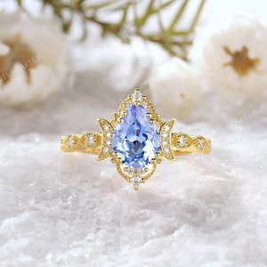 Vintage Pear Cornflower Sapphire Moon Engagement Ring Unique Diamond Milgrain Wedding Ring 14k Gold Cluster Promise Ring Gift for Girlfriend