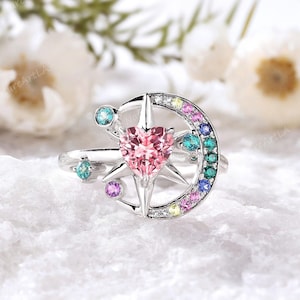Vintage Heart Cut Pink Sapphire Engagement Ring Unique Colored Star Sapphire Wedding Ring 18k White Gold Gradient Moon Design Promise Ring