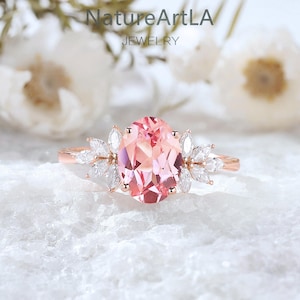 Rose Gold Oval Pink Sapphire Engagement Ring Vintage Marquise Cut Diamond Wedding Ring Personalized Moissanite Cluster Promise Ring for Her