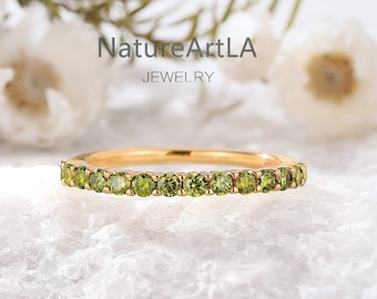 Green Tourmaline Wedding Band: Dainty 14k Gold Promise Ring