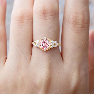 Nature Inspired Round Pink Sapphire Flower Engagement Ring Marquise Cut Moissanite Leaf Wedding Ring for Women Custom Bridal Promise Ring