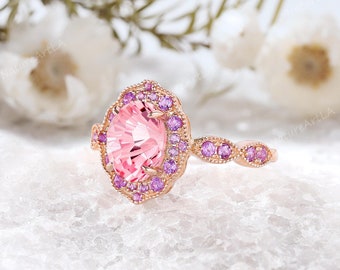 Unique Oval Cut Pink Sapphire Milgrain Engagement Ring Delicate Pink Tourmaline Cluster Promise Ring 14K Rose Gold Wedding Anniversary Gift