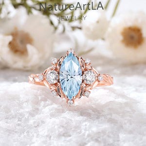 Natural Marquise Aquamarine Floral Engagement Ring Rose Gold Diamond Halo Leaf Wedding Ring March Birthstone Ring Anniversary Ring for Women