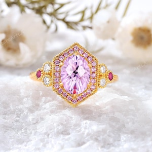 14K Gold Fireworks Pink Sapphire Engagement Ring Vintage Pink Sapphire Cluster Wedding Ring Brilliant Star Sapphire Promise Ring For Women