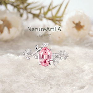 Oval Cut Pink Sapphire Wedding Ring Marquise Moissanite Engagement Ring Nature Inspired Moissanite Wedding Ring Vintage Moissanite Leaf Ring