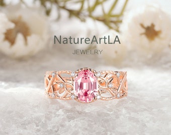 Vintage Oval Pink Sapphire Wedding Ring Unique Pink sapphire Leaf engagement ring Rose gold Moissanite Vine Proposal Ring Love Ring for wife