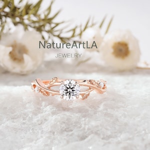 5mm Round cut moissanite wedding ring Vintage diamond Leaf engagement ring Unique Vine design bridal promise ring 14k rose gold women ring