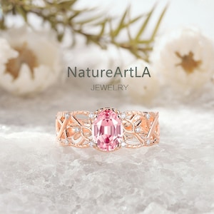 Vintage Oval Pink Sapphire Wedding Ring Unique Pink sapphire Leaf engagement ring Rose gold Moissanite Vine Proposal Ring Love Ring for wife