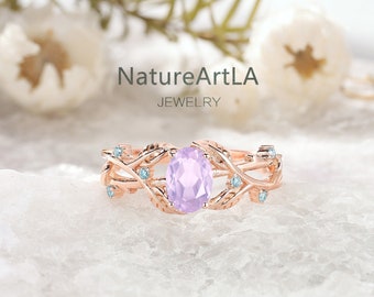 Nature Inspired Lavender Amethyst Engagement Ring Oval cut Amethyst Leaf Wedding Ring Vintage Lavender Amethyst Vine Ring Anniversary gift