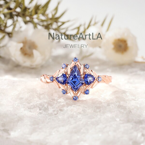 Vintage Kite Cut Sapphire Engagement Ring Naturel Inspired Sapphire leaf Wedding Ring Unique Sapphire bridal promise Ring 14K Rose Gold ring