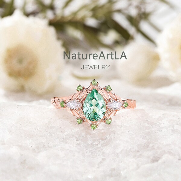 Nature Inspired Pear Cut Green Moissanite Engagement Ring Unique Three Stone Moissanite Ring Dainty Tsavorite Leaf Promise Ring Gift for Her