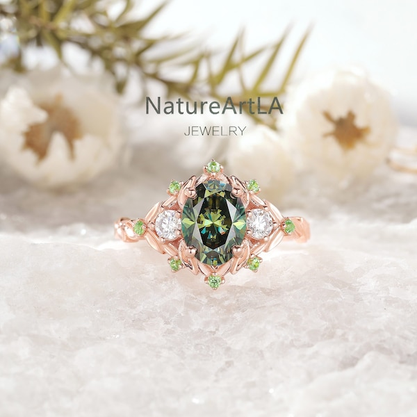 Oval cut Green Moissanite Wedding Ring Natural Tsavorite Leaf Engagement Ring Vintage Green Moissanite Bridal Promise Ring best gift for her