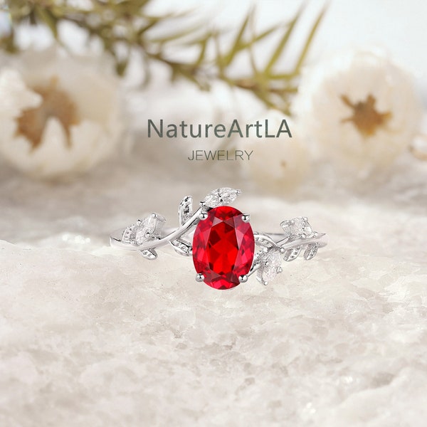 Oval Ruby Wedding Anniversary Ring Customized Oval Ruby Promise Ring Marquise Moissanite Leaf engagement Ring Rose Gold July Birthstone Ring