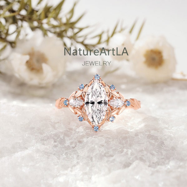 Vintage Marquise Cut Moissanite Engagement Ring 14k Rose Gold ring sapphire leaf Cluster Wedding Ring Unique moissanite Promise Bridal Ring