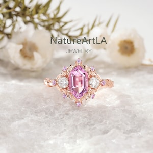 Long Hexagon cut pink amethyst ring Natura Inspired Amethyst Leaf Wedding Ring Antique amethyst promise Ring Vintage Bridal Anniversary Ring