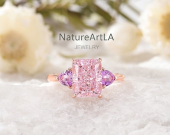 Unique pink amethyst Solitaire Ring 14k Rose gold three stone engagement ring Snowflake cut amethyst wedding ring Anniversary gift ring