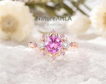 Delicate round pink amethyst wedding ring unique pink amethyst 14k rose gold leaf engagement ring February birthstone amethyst proposal ring