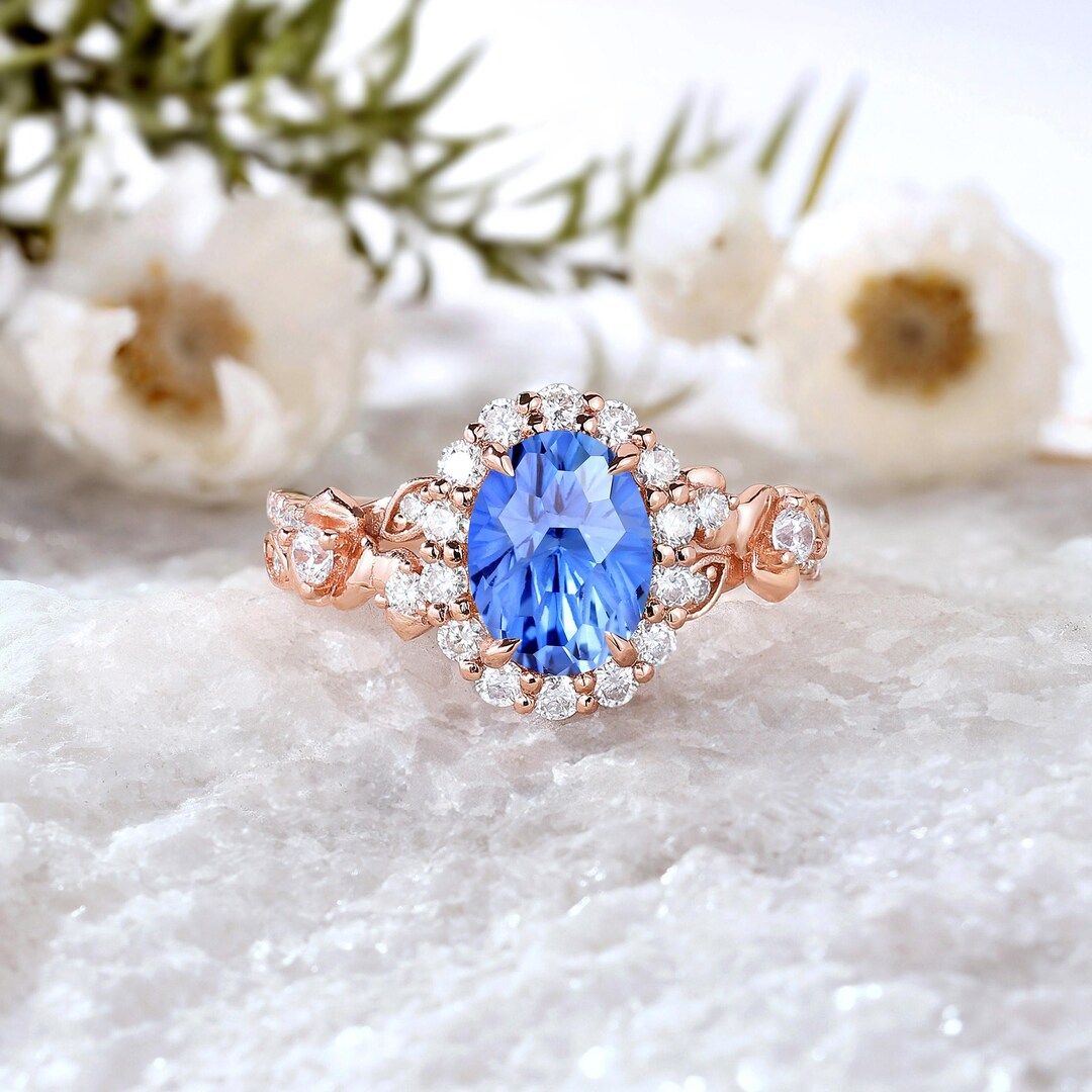 Firework Cut Sapphire Engagement Ring, Floral 14k Gold Bridal Ring - Etsy