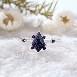 14k White Gold Blue Sandstone Wedding Ring Kite Cut Blue Sandstone Nebula Engagement Ring Dainty Diamond Bridal Ring Anniversary Ring Gift
