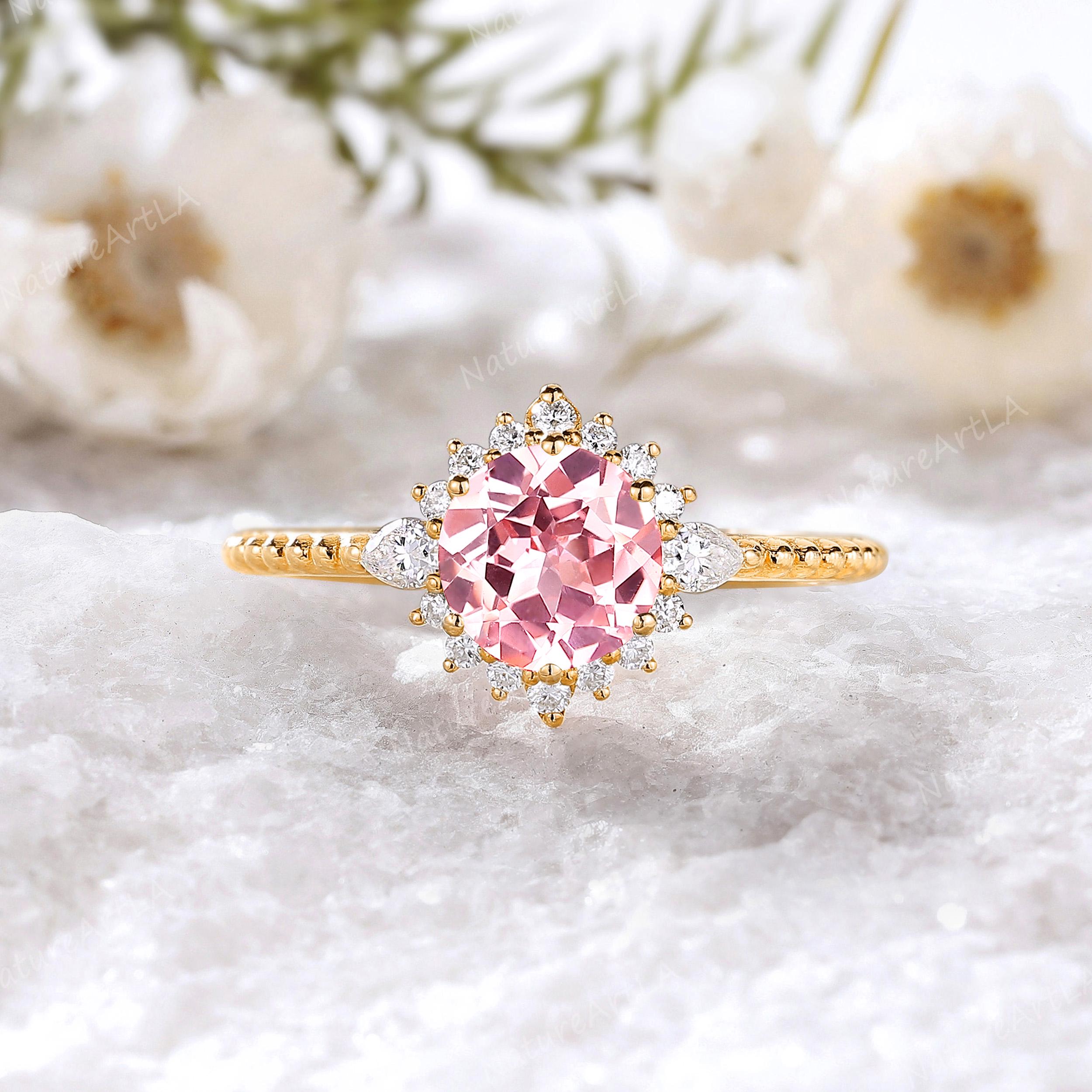 Round Cut Pink Sapphire Engagement Ring 14k Gold Moissanite Halo Flower Wedding Ring Delicate Sapphire Anniversary Ring Gifts for Girlfriend
