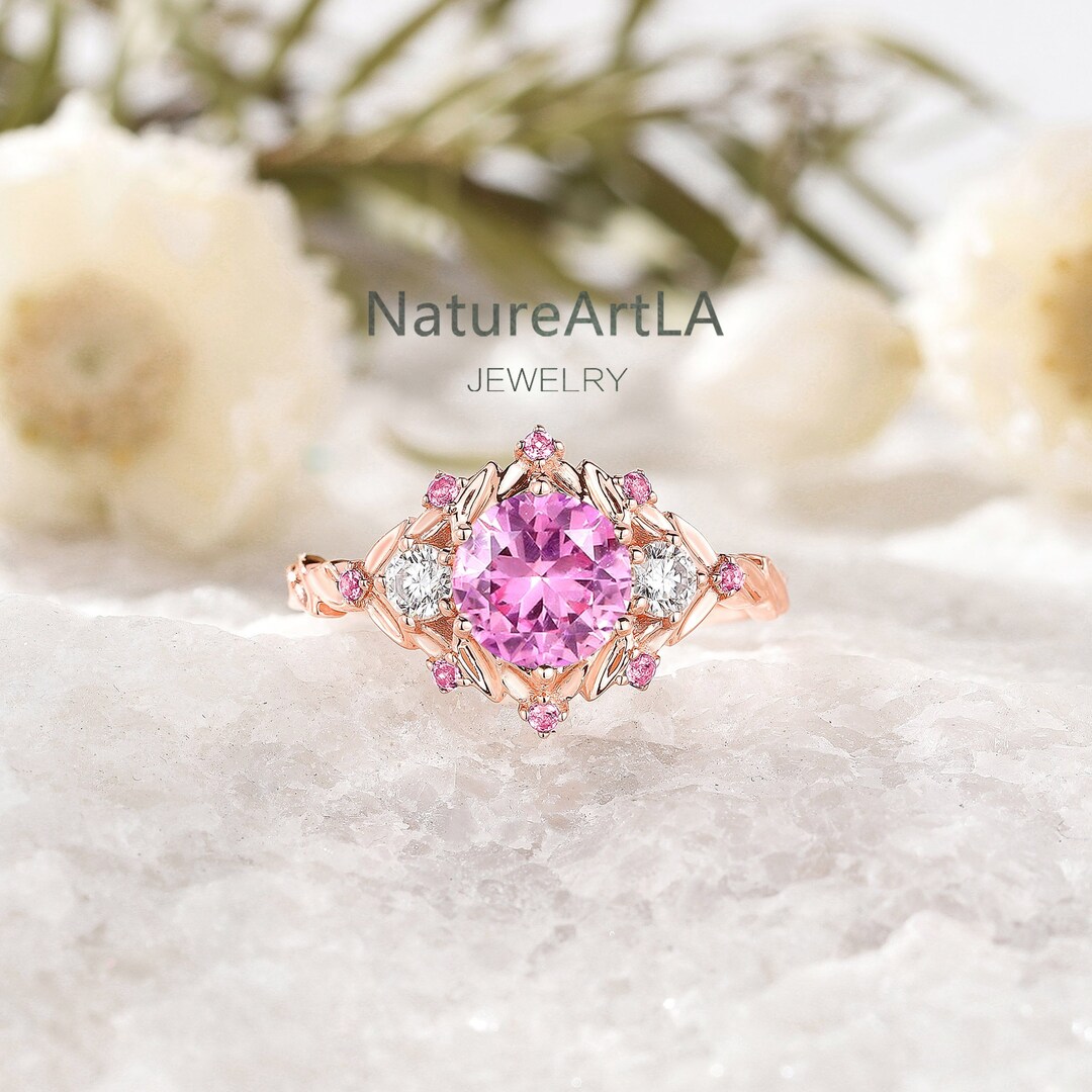 Pink Amethyst Engagement Ring: 14K Rose Gold Leaf Ring - Etsy