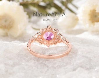 Pink Amethyst Engagement Ring: 14K Rose Gold Leaf Ring - Etsy
