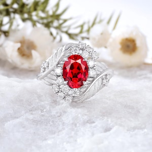 Gorgeous Oval Ruby Branch Engagement Ring Vintage White Gold Diamond Promise Ring Unique Leaf Design Ruby Wedding Ring Gift for Girlfriend
