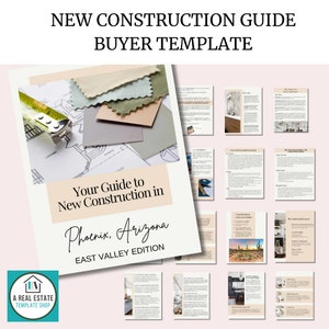 Könnte beinhalten: Ein Leitfaden für neue Hauskäufer im East Valley von Phoenix, Arizona. Der Leitfaden enthält Informationen zum Neubauprozess, Tipps für die Zusammenarbeit mit Bauherren und Ratschläge zur Auswahl des richtigen Hauses für Ihre Bedürfnisse. Das Cover zeigt einen Bauplan, Stoffmuster und ein Maßband.