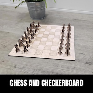 May include: A wooden chess and checkerboard set with black and white squares and wooden pieces. The pieces are arranged in rows on the board, ready to play.