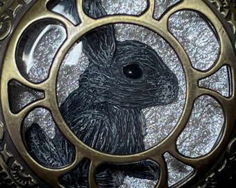 Grey Rabbit in Pocket Watch Necklace - Polymer Clay Art