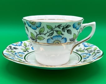 Vintage Rosina Bone China Tea Cup and Saucer: Blue Floral, Made in England