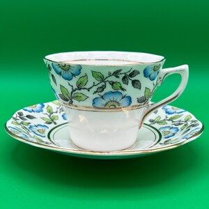 Rosina Blue Floral Tea Cup and Saucer No. 4987 - blue, green, England, floral, vintage, antique, tea, cup, saucer, Bone China