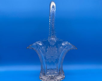 Bride’s Handled Basket - glass clear etches floral flower vase vintage antique