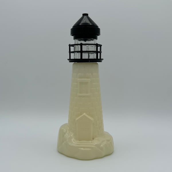 Avon Lighthouse Old Spice Bottle - empty, decanter, white, black, collectible, vintage, antique, perfume, cologne